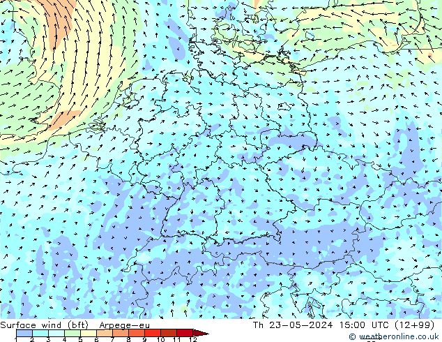 Wind 10 m (bft) Arpege-eu do 23.05.2024 15 UTC