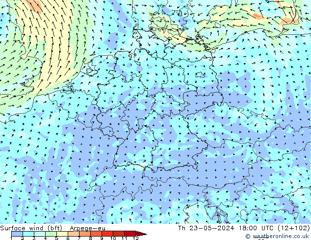 ве�Bе�@ 10 m (bft) Arpege-eu чт 23.05.2024 18 UTC