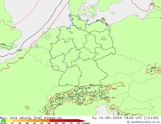 Max. wind velocity Arpege-eu Su 19.05.2024 18 UTC