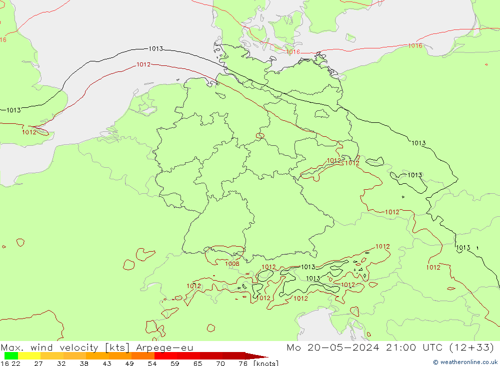 Max. wind velocity Arpege-eu Mo 20.05.2024 21 UTC