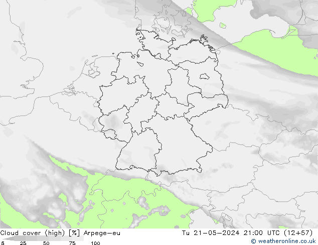 Cloud cover (high) Arpege-eu Tu 21.05.2024 21 UTC
