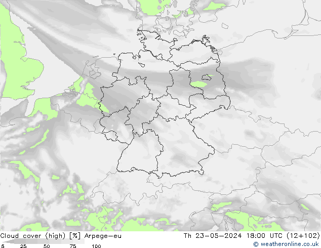 Cloud cover (high) Arpege-eu Th 23.05.2024 18 UTC