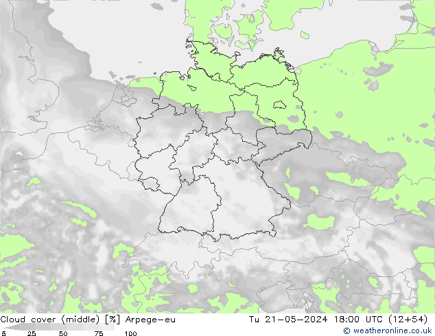 Cloud cover (middle) Arpege-eu Tu 21.05.2024 18 UTC