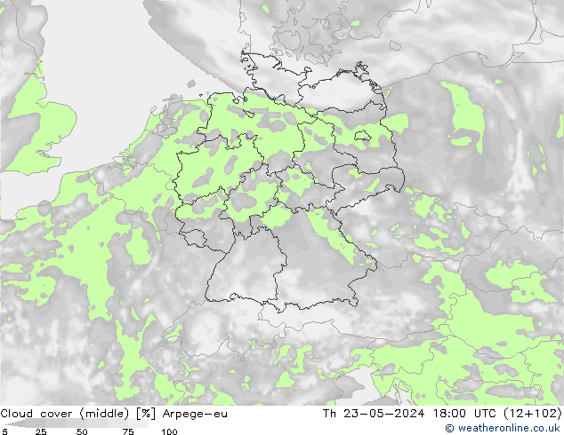 Cloud cover (middle) Arpege-eu Th 23.05.2024 18 UTC