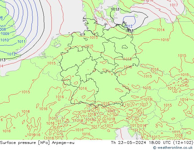 Atmosférický tlak Arpege-eu Čt 23.05.2024 18 UTC