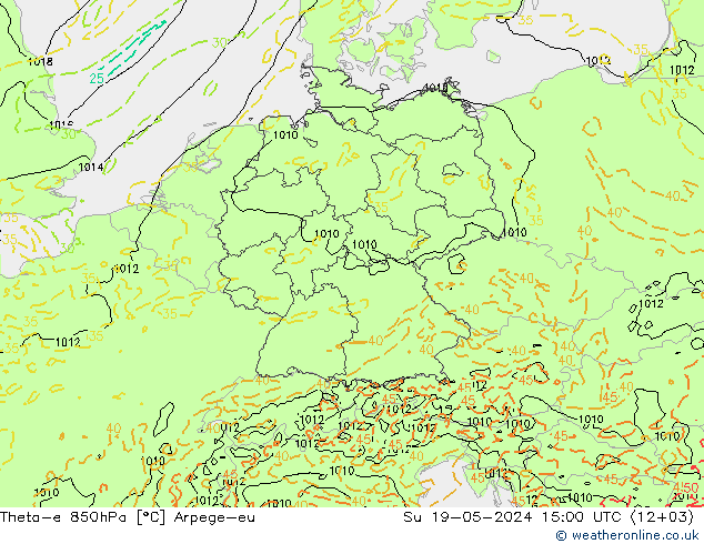 Theta-e 850hPa Arpege-eu Su 19.05.2024 15 UTC