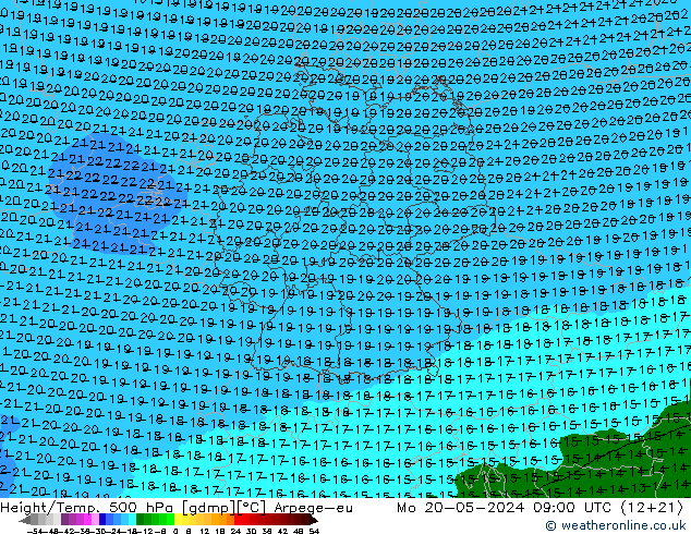 Height/Temp. 500 hPa Arpege-eu 星期一 20.05.2024 09 UTC