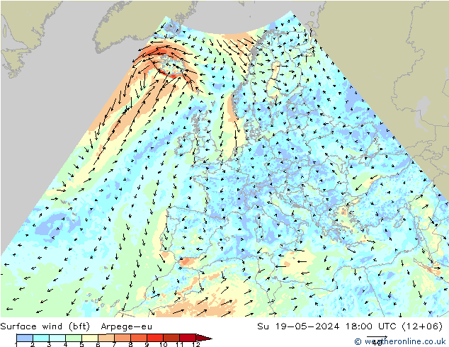 Surface wind (bft) Arpege-eu Su 19.05.2024 18 UTC