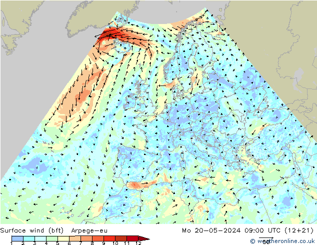 Surface wind (bft) Arpege-eu Mo 20.05.2024 09 UTC