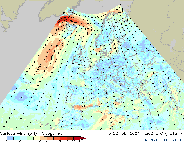 Surface wind (bft) Arpege-eu Mo 20.05.2024 12 UTC