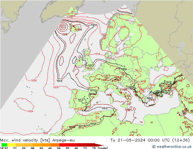 Max. wind velocity Arpege-eu Tu 21.05.2024 00 UTC