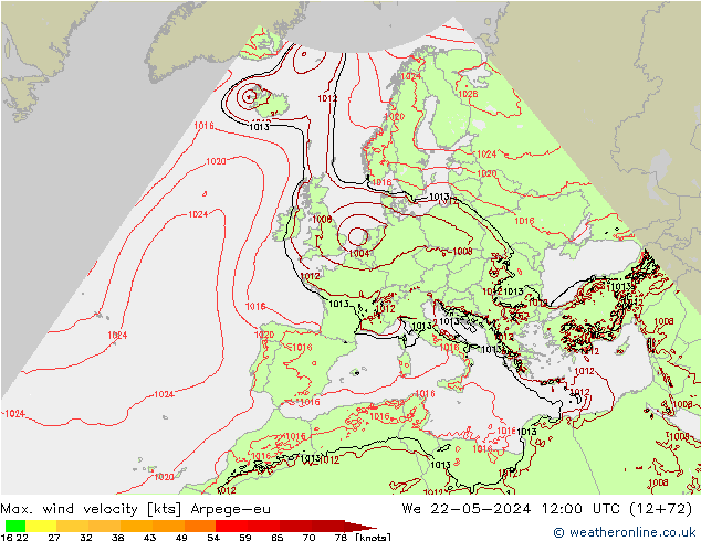 Max. wind velocity Arpege-eu St 22.05.2024 12 UTC