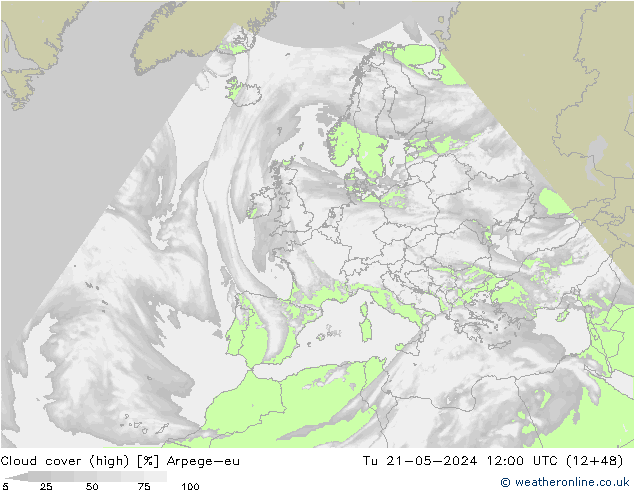 Cloud cover (high) Arpege-eu Tu 21.05.2024 12 UTC