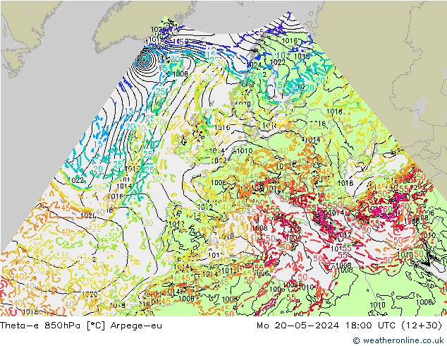 Theta-e 850hPa Arpege-eu Mo 20.05.2024 18 UTC