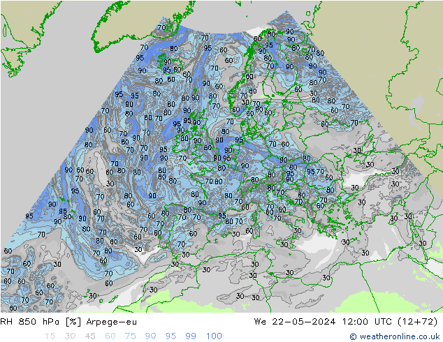 RH 850 hPa Arpege-eu St 22.05.2024 12 UTC