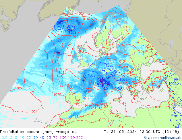 Totale neerslag Arpege-eu di 21.05.2024 12 UTC