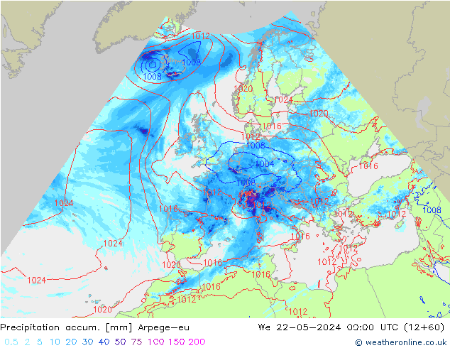 Totale neerslag Arpege-eu wo 22.05.2024 00 UTC