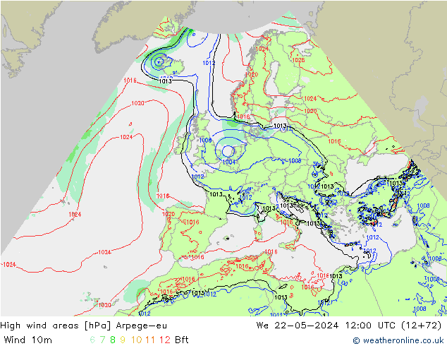 High wind areas Arpege-eu We 22.05.2024 12 UTC