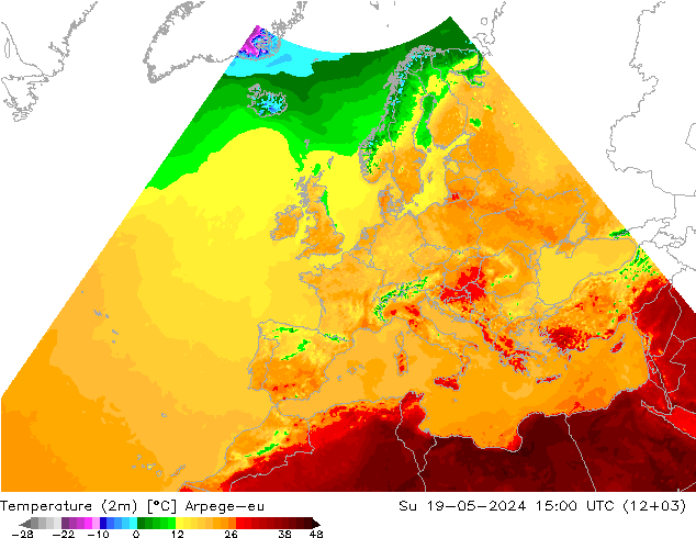 Temperatuurkaart (2m) Arpege-eu zo 19.05.2024 15 UTC