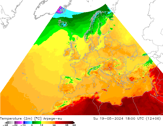 Temperatuurkaart (2m) Arpege-eu zo 19.05.2024 18 UTC