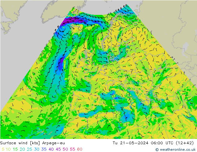 Surface wind Arpege-eu Út 21.05.2024 06 UTC