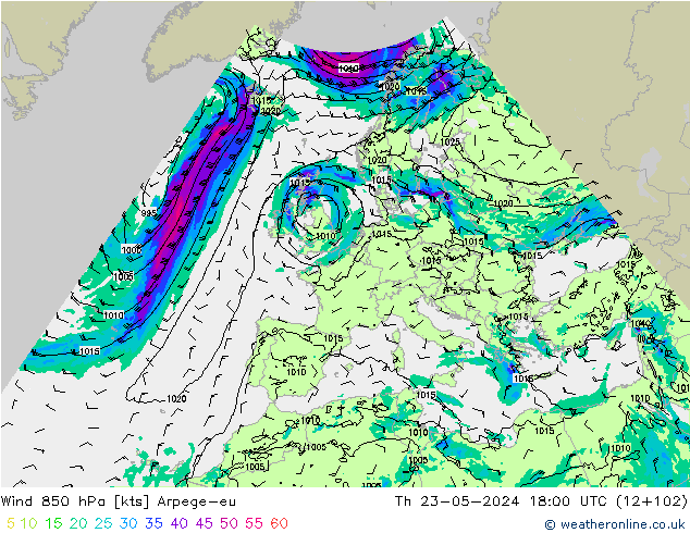 Wind 850 hPa Arpege-eu Do 23.05.2024 18 UTC