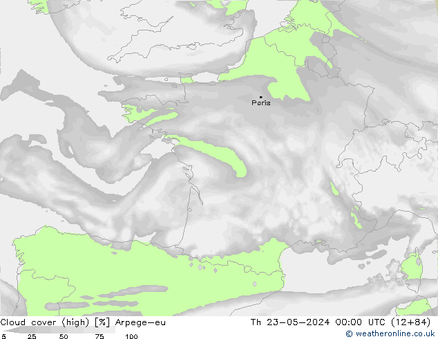Cloud cover (high) Arpege-eu Th 23.05.2024 00 UTC