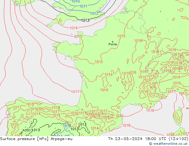 Presión superficial Arpege-eu jue 23.05.2024 18 UTC