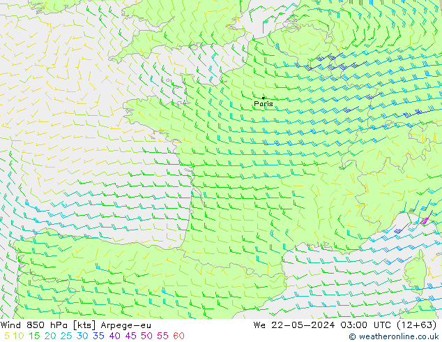 Wind 850 hPa Arpege-eu We 22.05.2024 03 UTC