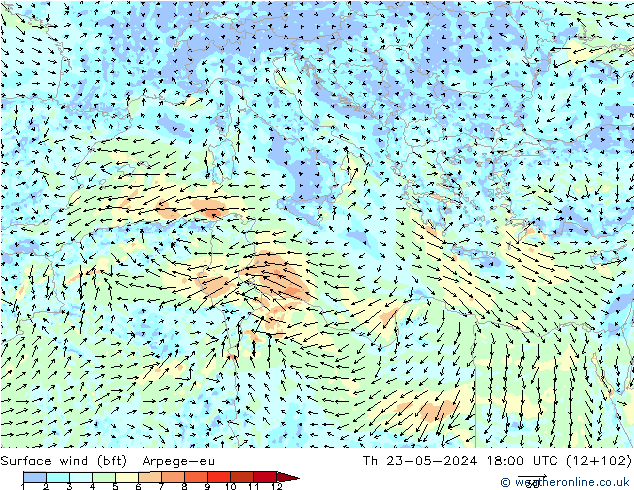 Wind 10 m (bft) Arpege-eu do 23.05.2024 18 UTC
