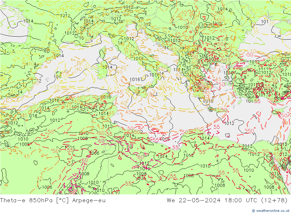 Theta-e 850hPa Arpege-eu  22.05.2024 18 UTC