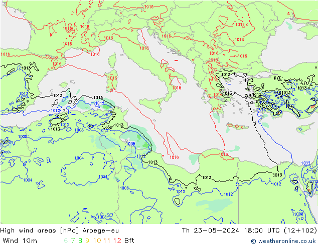 High wind areas Arpege-eu jeu 23.05.2024 18 UTC