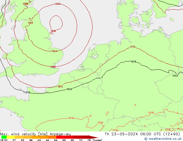 Max. wind velocity Arpege-eu Th 23.05.2024 06 UTC