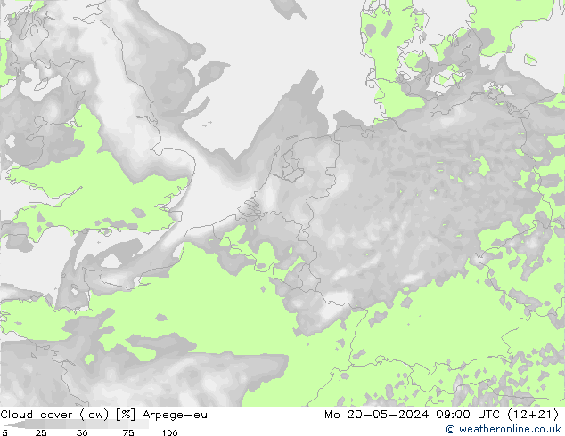 Cloud cover (low) Arpege-eu Mo 20.05.2024 09 UTC