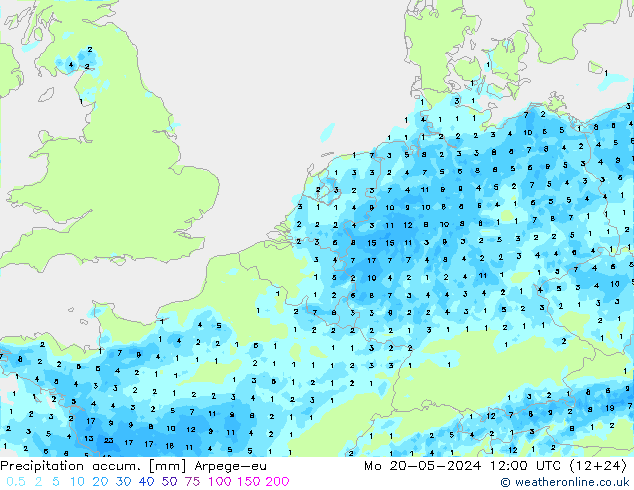 Precipitation accum. Arpege-eu 星期一 20.05.2024 12 UTC