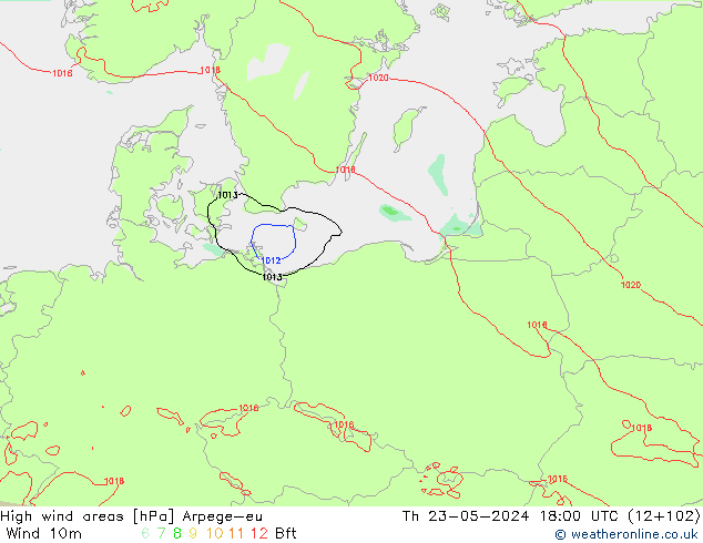 High wind areas Arpege-eu Čt 23.05.2024 18 UTC