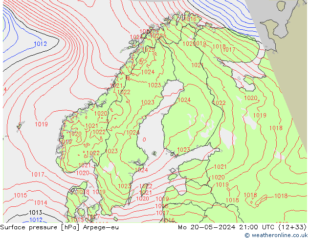 Atmosférický tlak Arpege-eu Po 20.05.2024 21 UTC