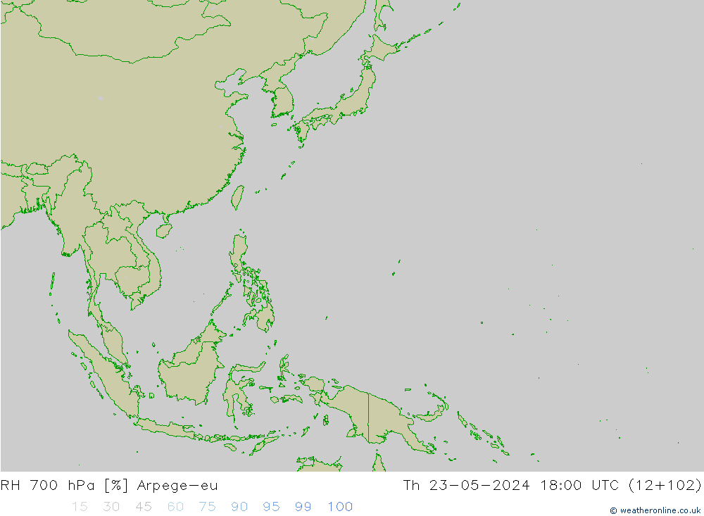 RH 700 гПа Arpege-eu чт 23.05.2024 18 UTC