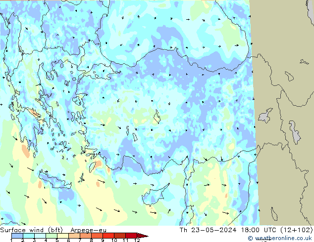 Surface wind (bft) Arpege-eu Th 23.05.2024 18 UTC