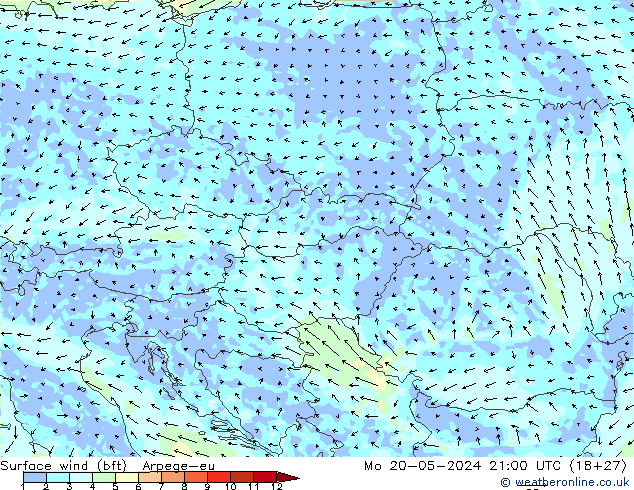 Surface wind (bft) Arpege-eu Mo 20.05.2024 21 UTC