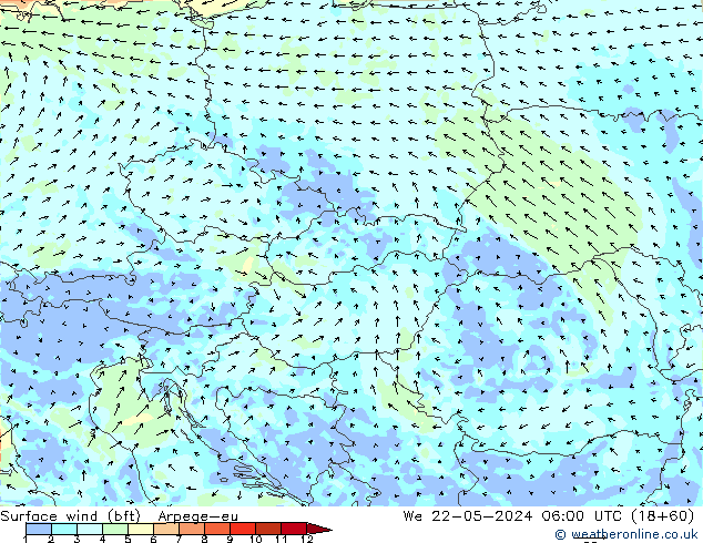 Surface wind (bft) Arpege-eu St 22.05.2024 06 UTC