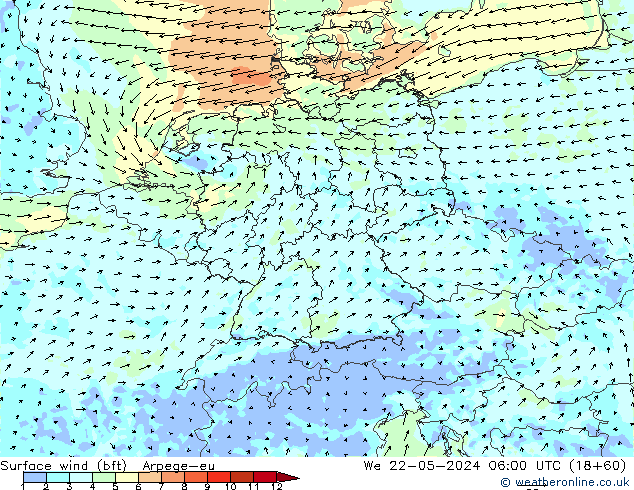 Wind 10 m (bft) Arpege-eu wo 22.05.2024 06 UTC