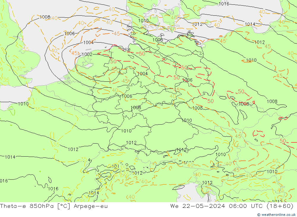 Theta-e 850hPa Arpege-eu Mi 22.05.2024 06 UTC
