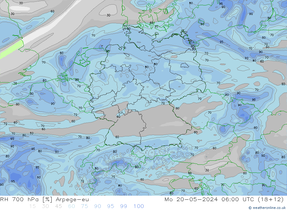 RH 700 hPa Arpege-eu Po 20.05.2024 06 UTC