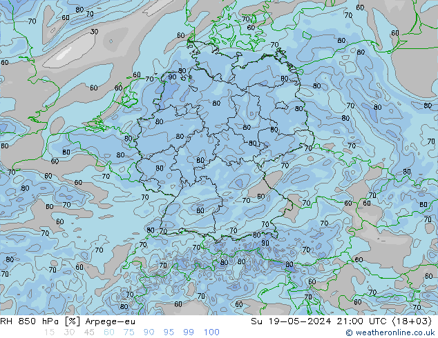 RH 850 hPa Arpege-eu 星期日 19.05.2024 21 UTC