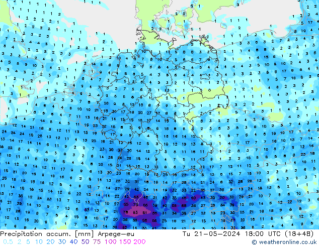 Totale neerslag Arpege-eu di 21.05.2024 18 UTC