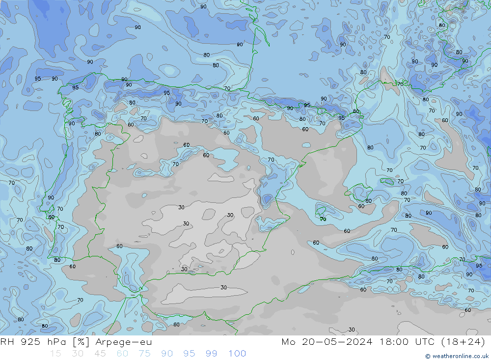 Humidité rel. 925 hPa Arpege-eu lun 20.05.2024 18 UTC