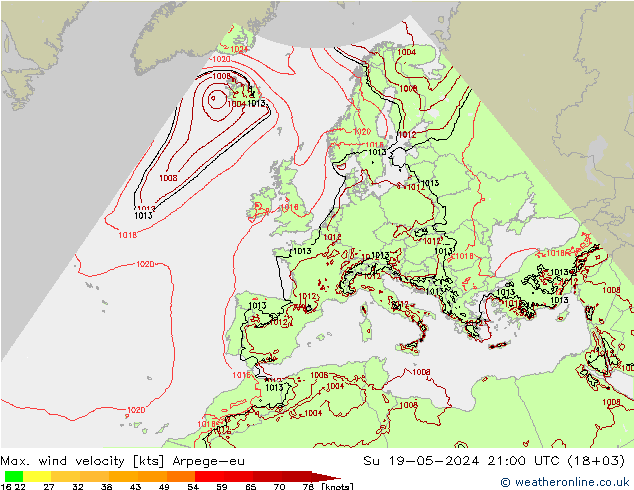Max. wind velocity Arpege-eu 星期日 19.05.2024 21 UTC