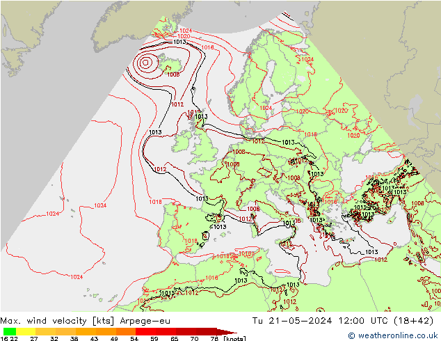 Max. wind snelheid Arpege-eu di 21.05.2024 12 UTC