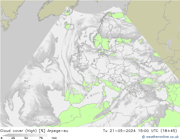 Cloud cover (high) Arpege-eu Tu 21.05.2024 15 UTC